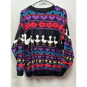 Vintage Rose Sweater Womens Medium Large Black Duck Floral Hearts 80s USA